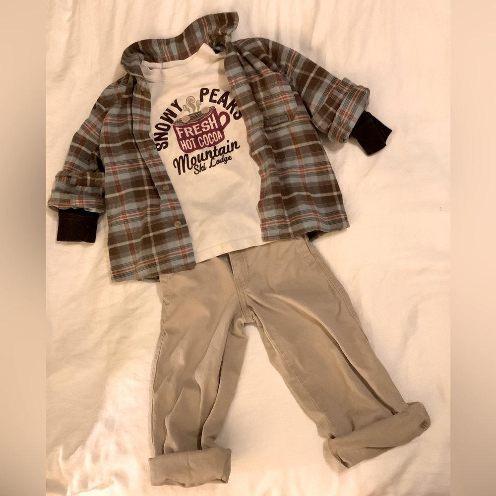 3pc Fall Boys 4T outfit. French Flannel Plaid Oxford, Pants & Tshirt Holiday Pic